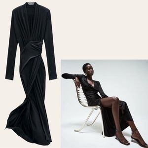 ZARA Plunge V Neck Long Sleeve Ruched Draped Stretchy Maxi Cocktail Dress Black